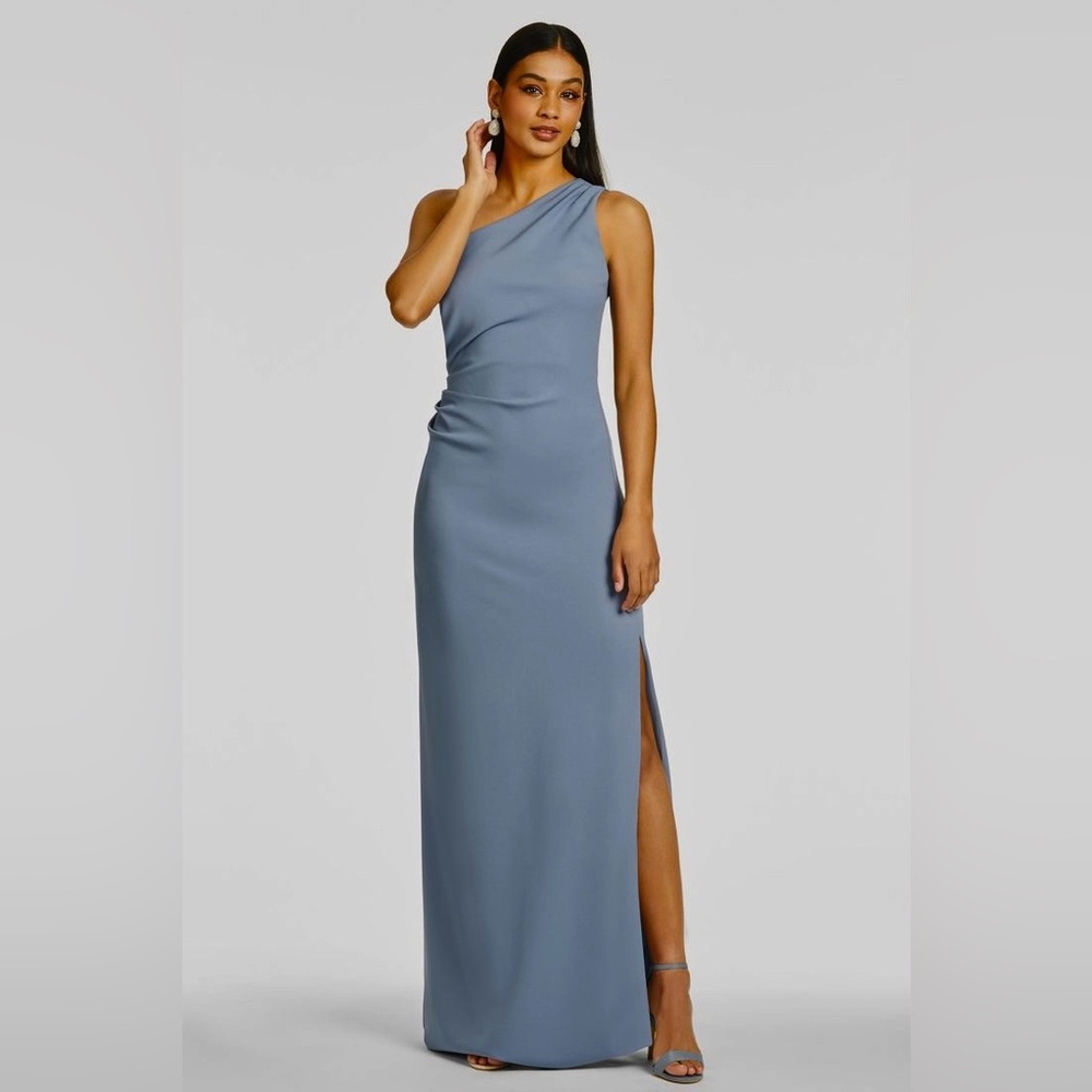 Sachin & Babi NWT Slate Blue Crepe 4 Way Stretch One Shoulder Cece Gown Size 18W